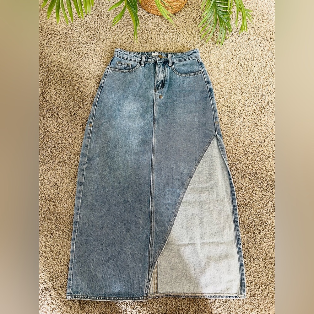 Anthropologie Two-Tone Denim Maxi Skirt in Light Blue